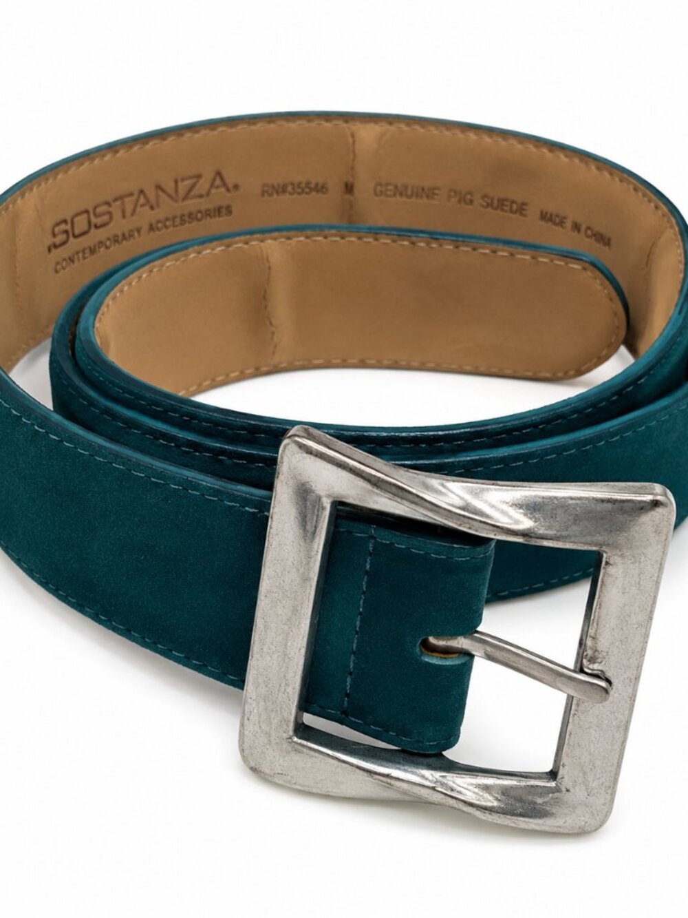 Sostanza Teal Genuine Pig Suede Belt Silver Square Buckle Women's Medium